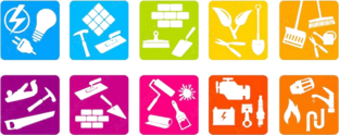 Mehrere kleine rechteckige Blöcke in verschiedenen, bunten Farben. Innerhalb der Blöcke befinden sich je 3 weiße Icons mit jeweils verschiedenen Werkzeugen.